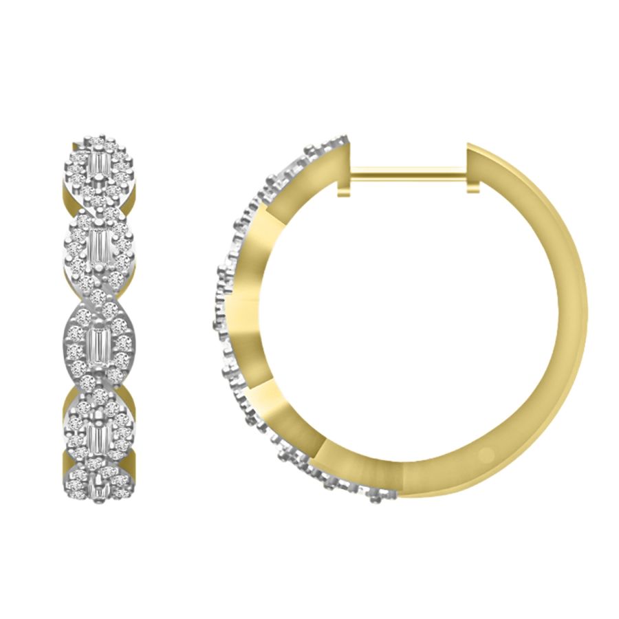 LADIES HOOP EARRINGS 0.50CT ROUND/BAGUETTE DIAMOND 10K YELLOW GOLD - Image 1