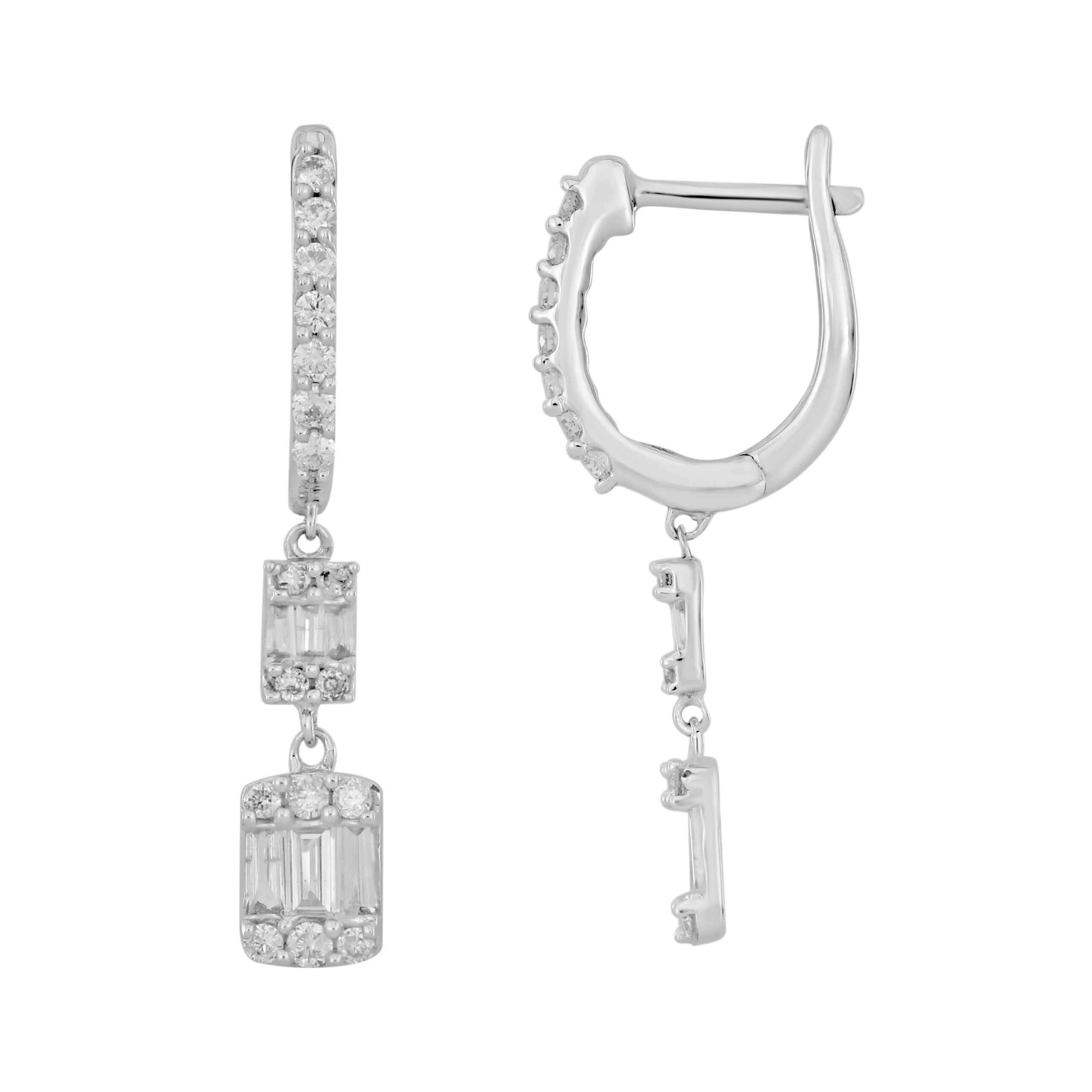 LADIES HOOPS EARRINGS 0.50CT ROUND/BAGUETTE DIAMOND 14K WHITE GOLD - Image 1