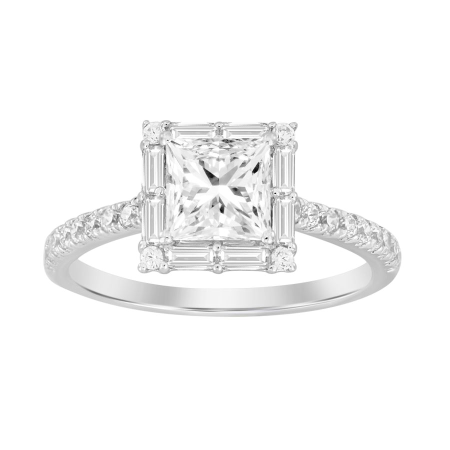 LADIES SEMI MOUNT RING 0.50CT ROUND/BAGUETTE DIAMOND 14K WHITE GOLD - Image 1