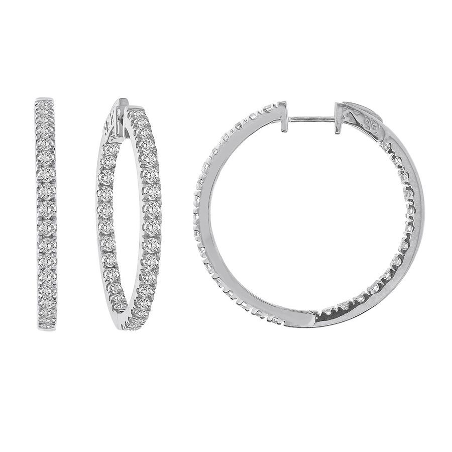 LADIES HOOP EARRINGS 3.00CT ROUND DIAMOND 14K WHITE GOLD (SI QUALITY) - Image 1