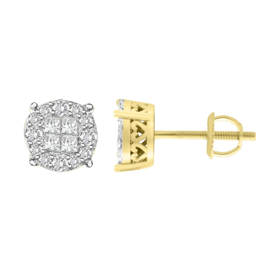 LADIES STUD EARRINGS 1.50CT ROUND/PRINCESS DIAMOND 14K YELLOW GOLD - Image 1