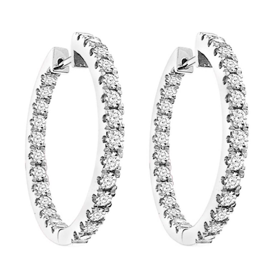 LADIES HOOP EARRINGS 2.00CT ROUND DIAMOND 10K WHITE GOLD - Image 1