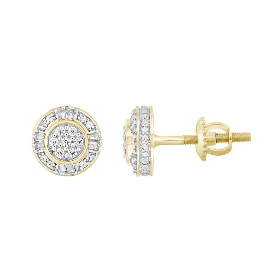 MEN'S STUD EARRINGS 0.25CT ROUND/BAGUETTE DIAMOND 10K YELLOW GOLD - Image 1