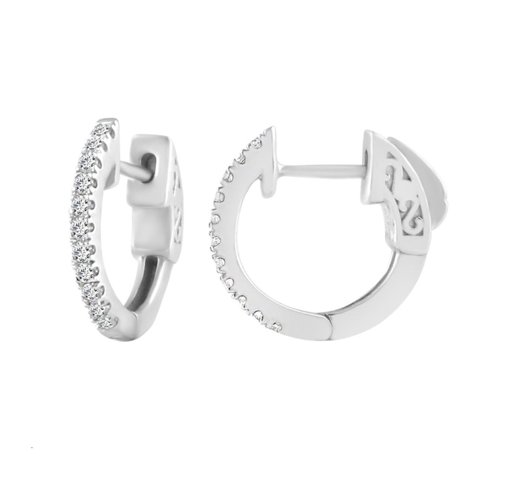 LADIES HOOP EARRINGS 0.15CT ROUND DIAMOND 10K WHITE GOLD - Image 1