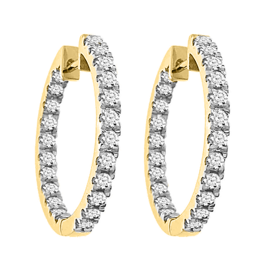 LADIES HOOPS EARRINGS 1.50CT ROUND DIAMOND 14K YELLOW GOLD - Image 1