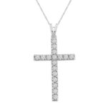 LADIES CROSS PENDANT WITH CHAIN 1.00CT ROUND DIAMOND 14K WHITE GOLD