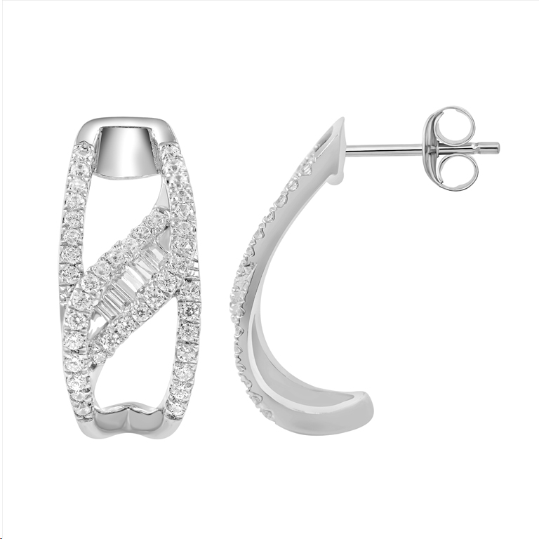 LADIES HOOPS EARRING 0.33CT ROUND/BAGUETTE DIAMOND 14K WHITE GOLD - Image 1
