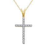 LADIES CROSS PENDANT WITH CHAIN 0.25CT ROUND DIAMOND 14K YELLOW GOLD