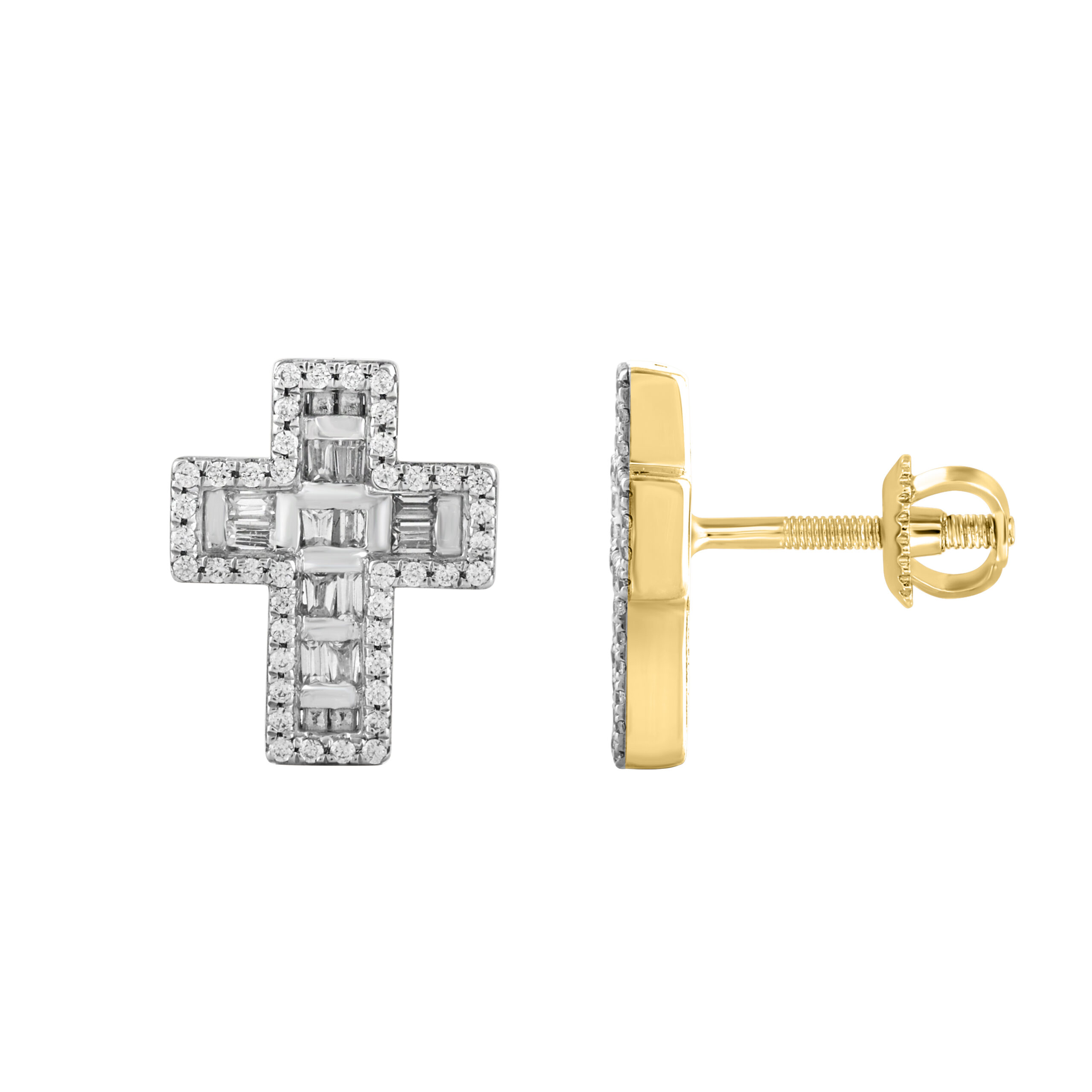 LADIES EARRINGS 0.33CT ROUND/BAGUETTE DIAMOND 10K YELLOW GOLD - Image 1