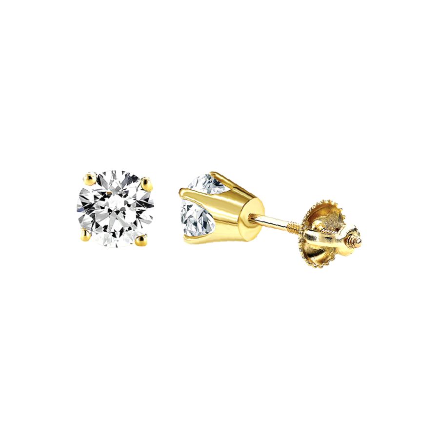 LADIES SOLITAIRE EARRINGS 1.00CT ROUND DIAMOND 14K YELLOW GOLD - Image 1