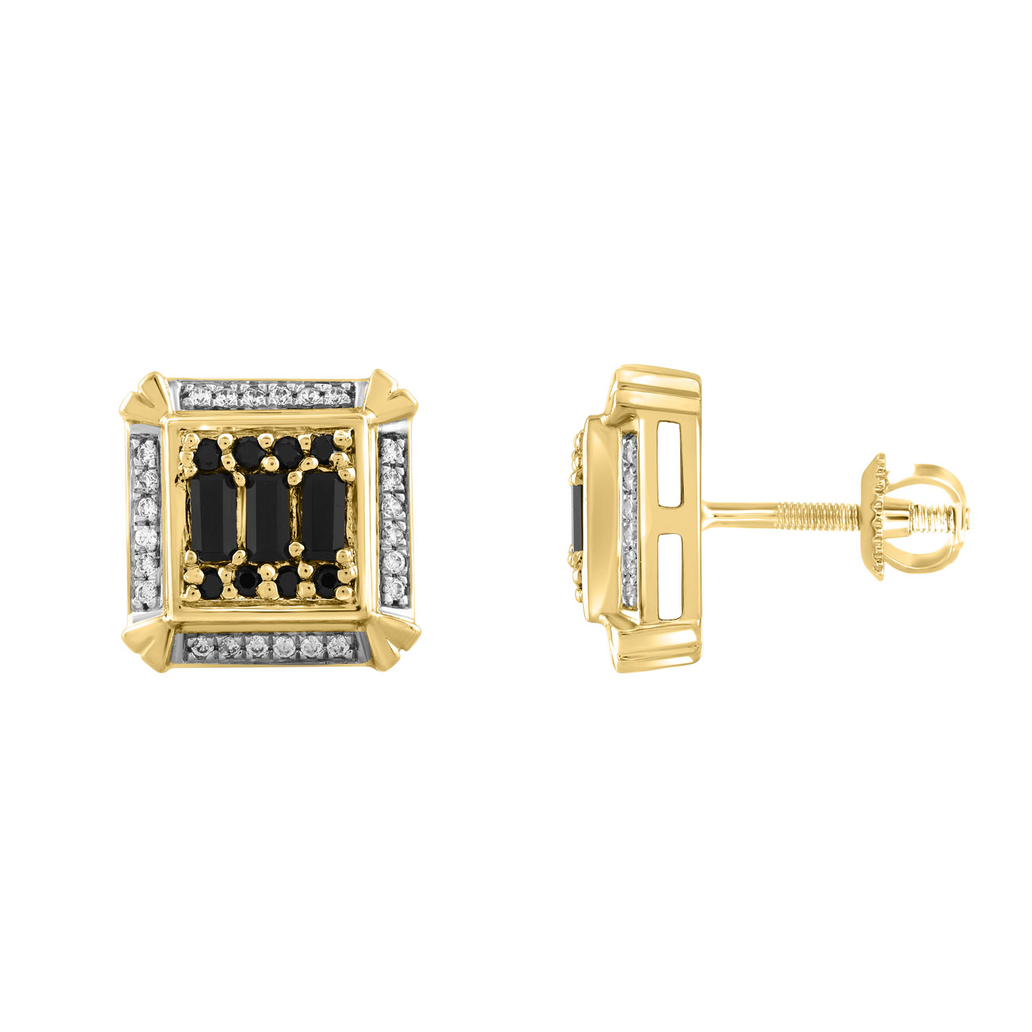 MEN'S EARRINGS 0.50CT ROUND/BLACK BAGUETTE/BLACK DIAMOND 10K YELLOW GOLD - Image 1