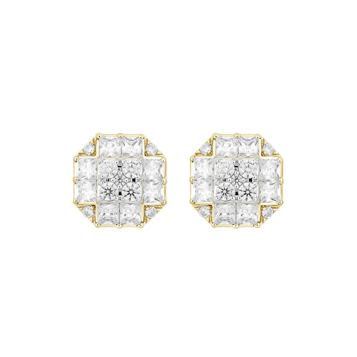 MEN'S EARRINGS 1 3/4CT ROUND/PRINCESS DIAMOND 14K YELLOW GOLD - Image 1