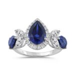 14K WHITE GOLD 1 1/4CT ROUND/MARQUISE/BLUE SAPPHIRE PEAR DIAMOND LADIES RING