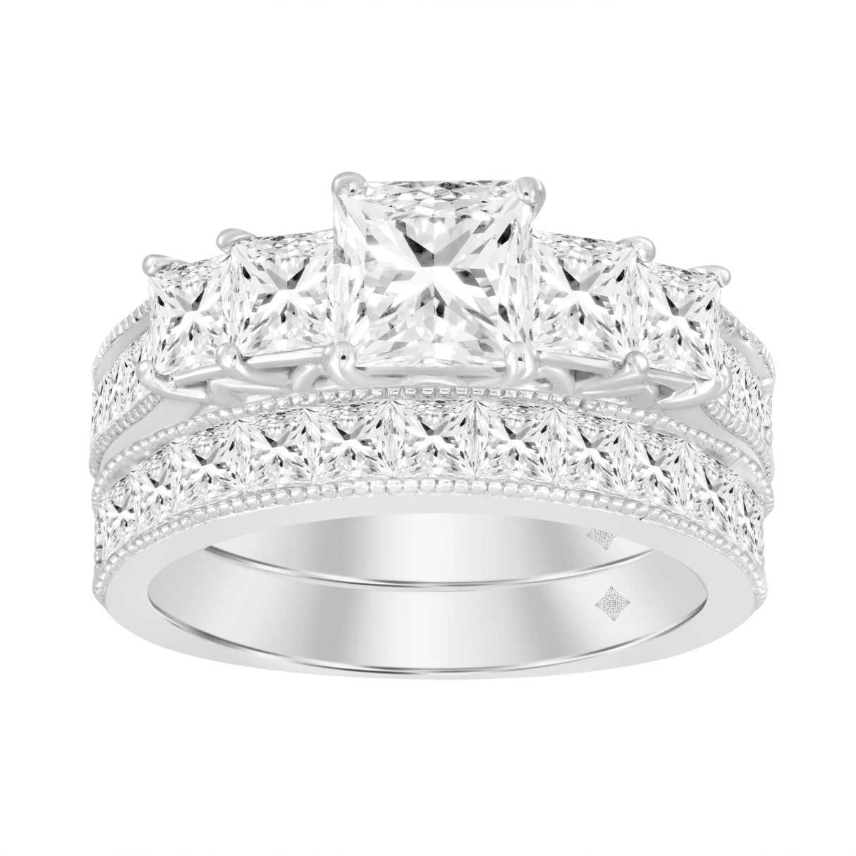 14K WHITE GOLD 3 1/2CT ROUND/PRINCESS DIAMOND LADIES BRIDAL SET (CENTER STONE PRINCESS DIAMOND 3/4CT ) - Image 1