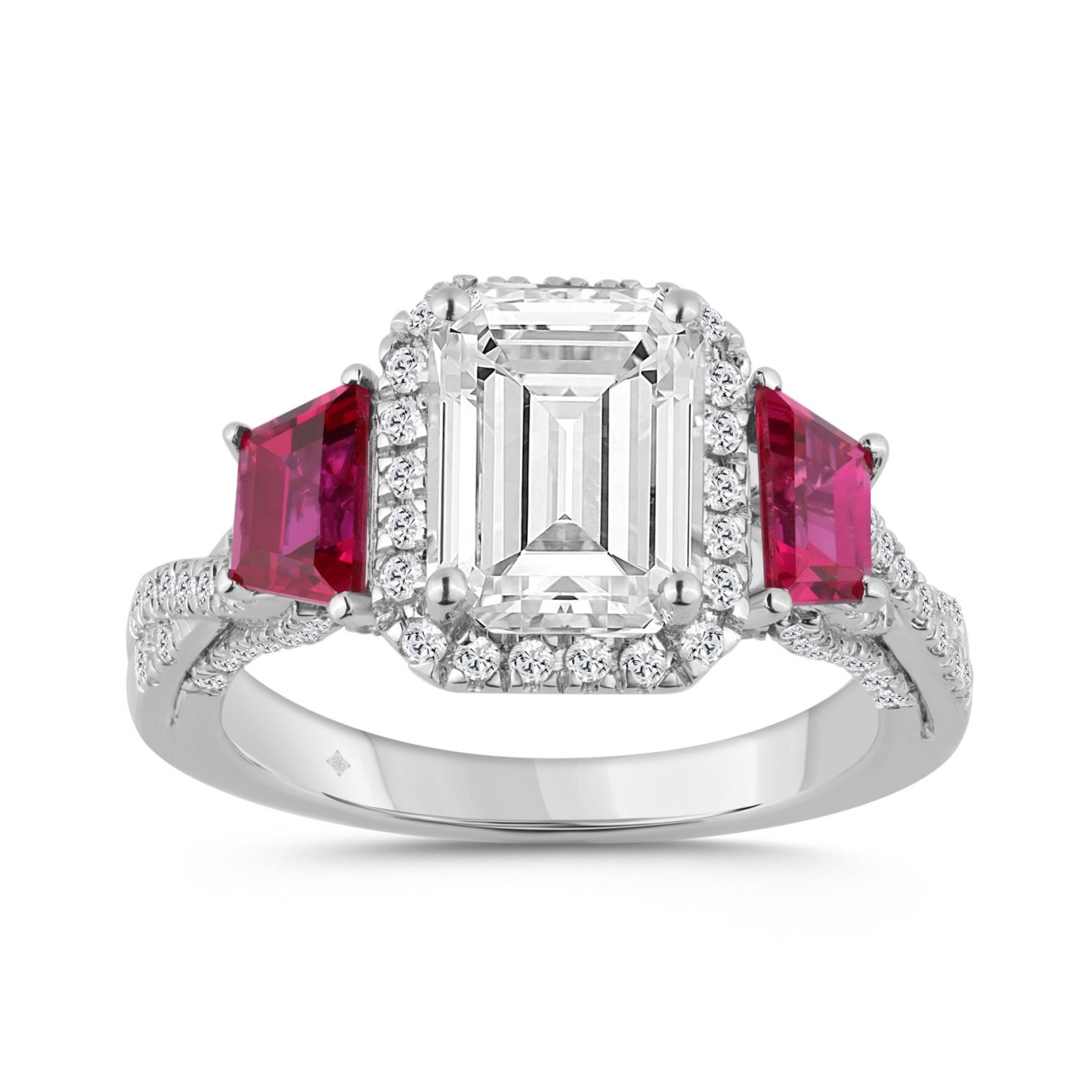 14K WHITE GOLD 3.00CT ROUND/EMERALD/RUBY TRAPEZOID DIAMOND LADIES RING (CENTER STONE EMERALD DIAMOND 2 1/2CT) - Image 1