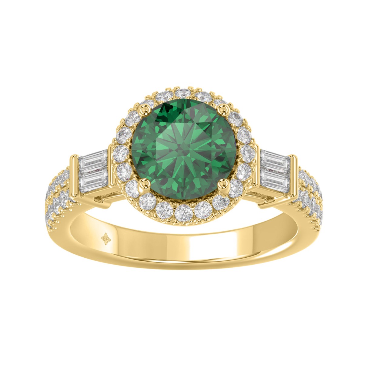 14K YELLOW GOLD 2 1/2CT ROUND/BAGUETTE DIAMOND LADIES RING (CENTER STONE GREEN EMERALD ROUND DIAMOND 2CT) - Image 1