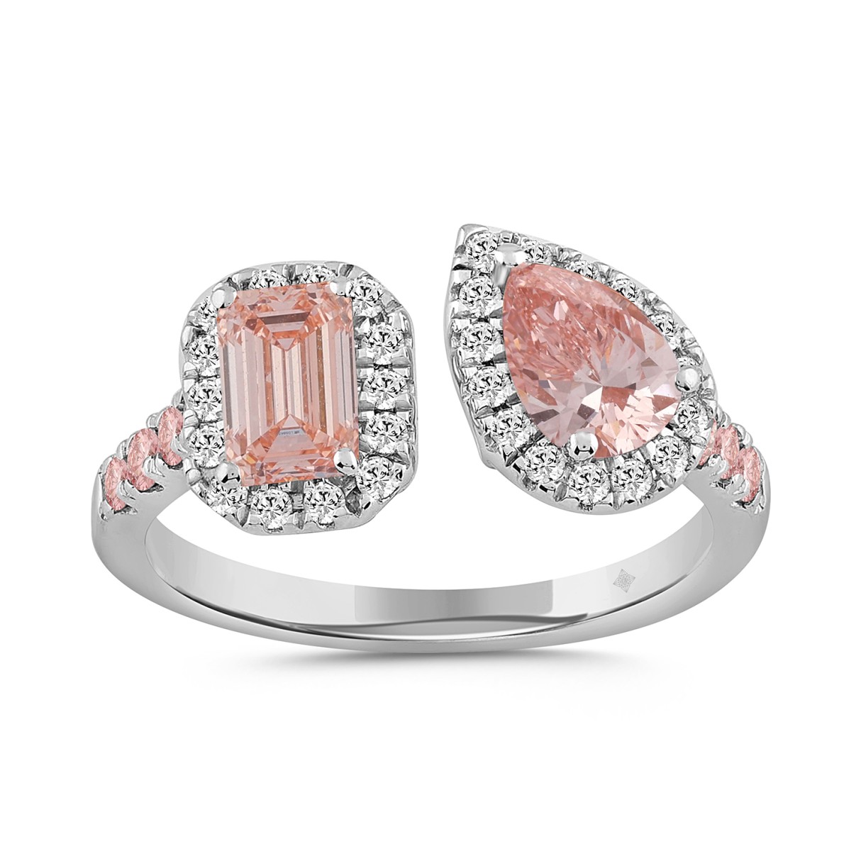 ETERNAL BLUSH COLLECTION LADIES RING 1 1/2CT ROUND/EMERALD/PEAR DIAMOND 14K WHITE GOLD (CENTER STONE PINK EMERALD DIAMOND 1/2CT/CENTER STONE PINK PEAR - Image 1