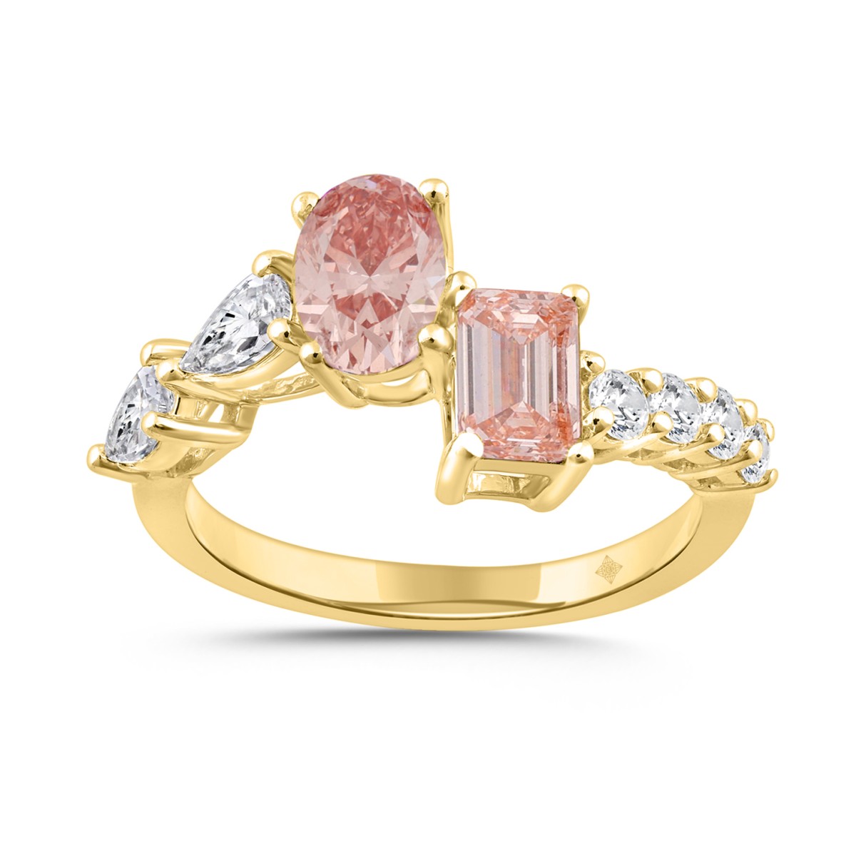 ETERNAL BLUSH COLLECTION LADIES RING 2 1/4CT ROUND/EMERALD/PEAR/OVAL DIAMOND 14K YELLOW GOLD (CENTER STONE PINK OVAL DIAMOND 3/4CT /EMERALD 3/4CT) - Image 1