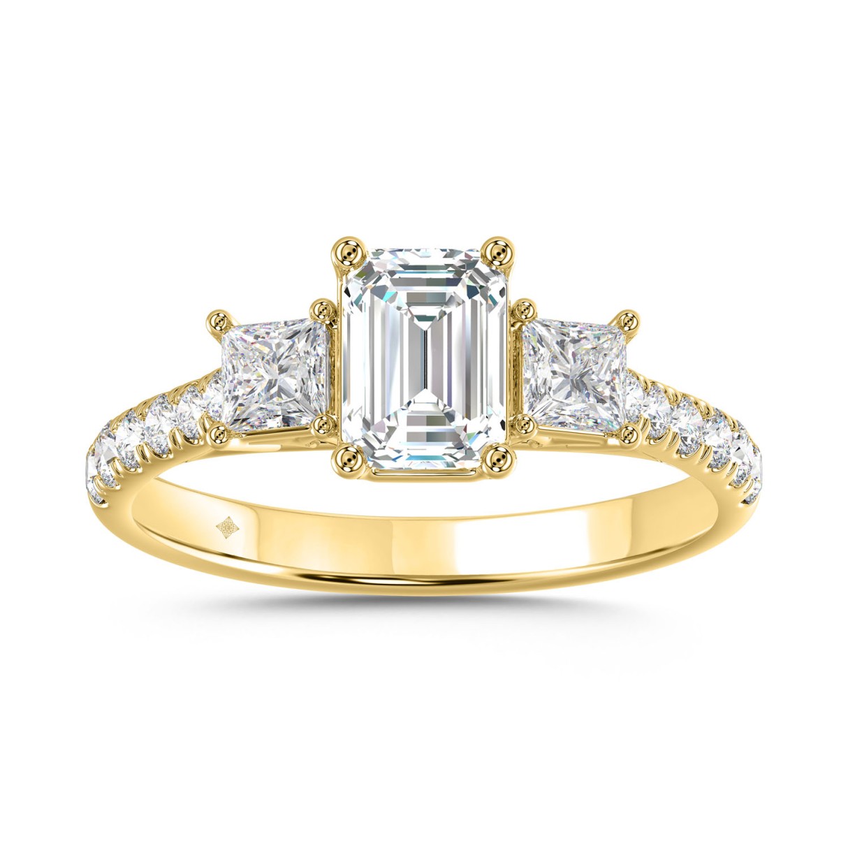 LADIES RING 1 7/8CT ROUND/EMERALD/PRINCESS DAIMOND 14K YELLOW GOLD (CENTER STONE EMERALD DIAMOND 1CT ) - Image 1