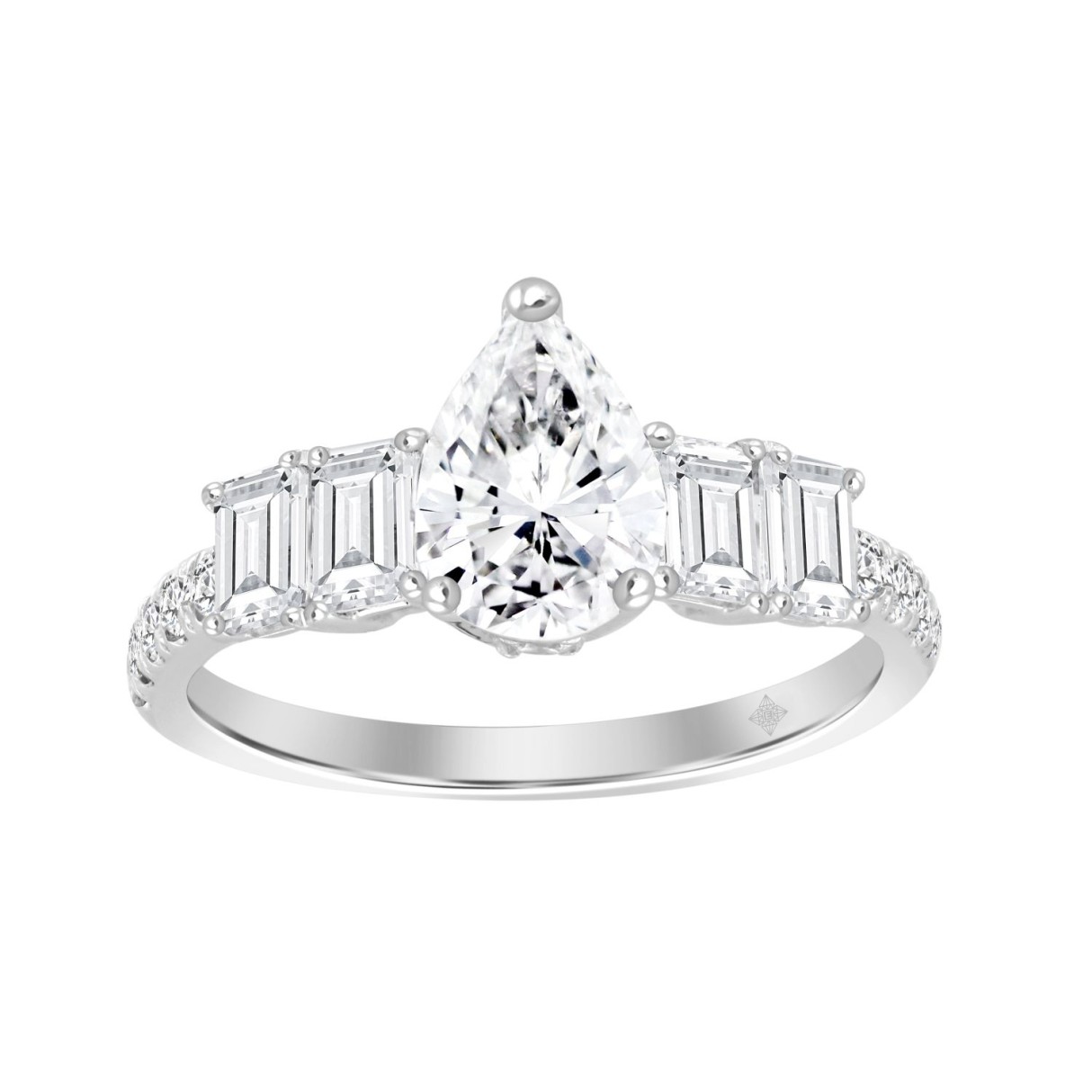 LADIES RING 2CT ROUND/EMERALD/PEAR DIAMOND 14K WHITE GOLD (CENTER STONE PEAR DIAMOND 1CT ) - Image 1