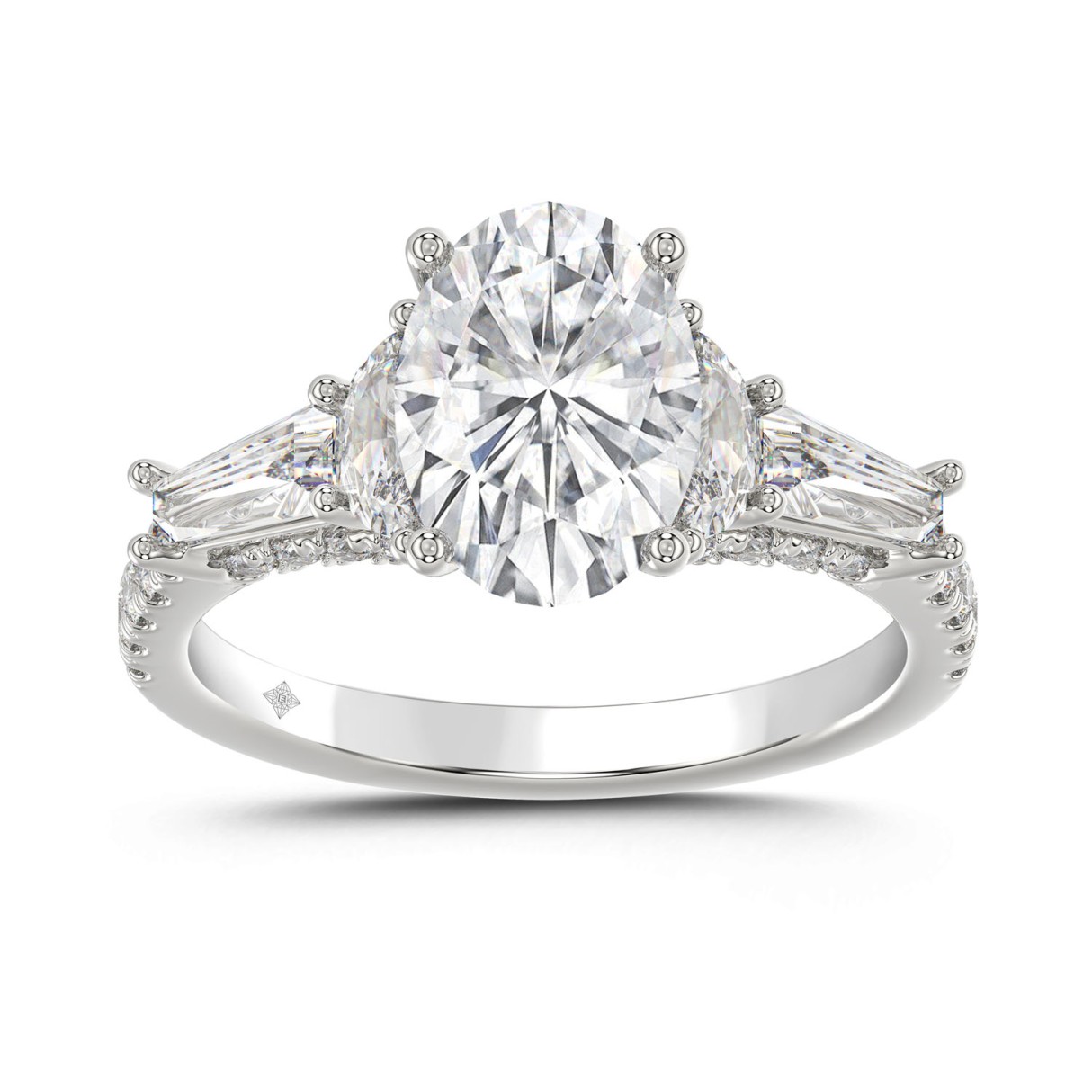 LADIES RING 3 1/2CT ROUND/HALF MOON/OVAL/BAGUETTE DIAMOND 14K WHITE GOLD (CENTER STONE OVAL DIAMOND 2CT ) - Image 1