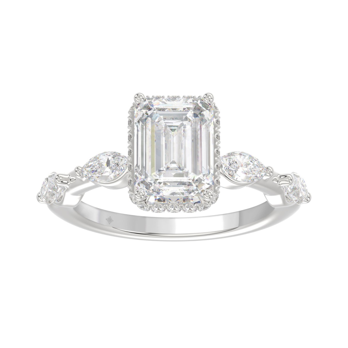 LADIES RING 3 1/2CT ROUND/MARQUISE/EMERALD DIAMOND 14K WHITE GOLD (CENTER STONE EMERALD DIAMOND 3.00CT) - Image 1