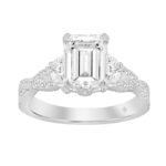 LADIES RING 3CT ROUND/HALF MOON/EMERALD DIAMOND 14K WHITE GOLD (CENTER STONE EMERALD DIAMOND 2CT )