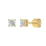 LADIES SOLITAIRE EARRINGS 1CT PRINCESS DIAMOND 14K YELLOW GOLD - Image 3