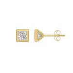 LADIES SOLITAIRE EARRINGS 1CT PRINCESS DIAMOND 14K YELLOW GOLD - Image 2