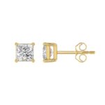 LADIES SOLITAIRE EARRINGS 2CT PRINCESS DIAMOND 14K YELLOW GOLD - Image 2
