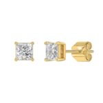 LADIES SOLITAIRE EARRINGS 2CT PRINCESS DIAMOND 14K YELLOW GOLD - Image 3