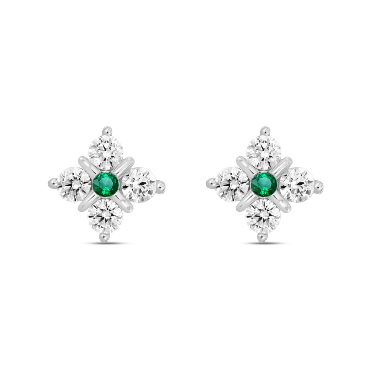 14K WHITE GOLD 1 1/2CT ROUND DIAMOND LADIES EARRINGS (GREEN EMERALD ROUND 2 STONE) - Image 1
