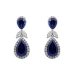 14K WHITE GOLD 1 1/4CT ROUND/MARQUISE/BLUE SAPPHIRE PEAR DIAMOND LADIES EARRINGS