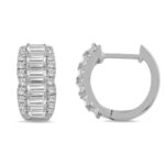 14K WHITE GOLD 1 3/4CT ROUND/EMERALD DIAMOND HOOP EARRINGS