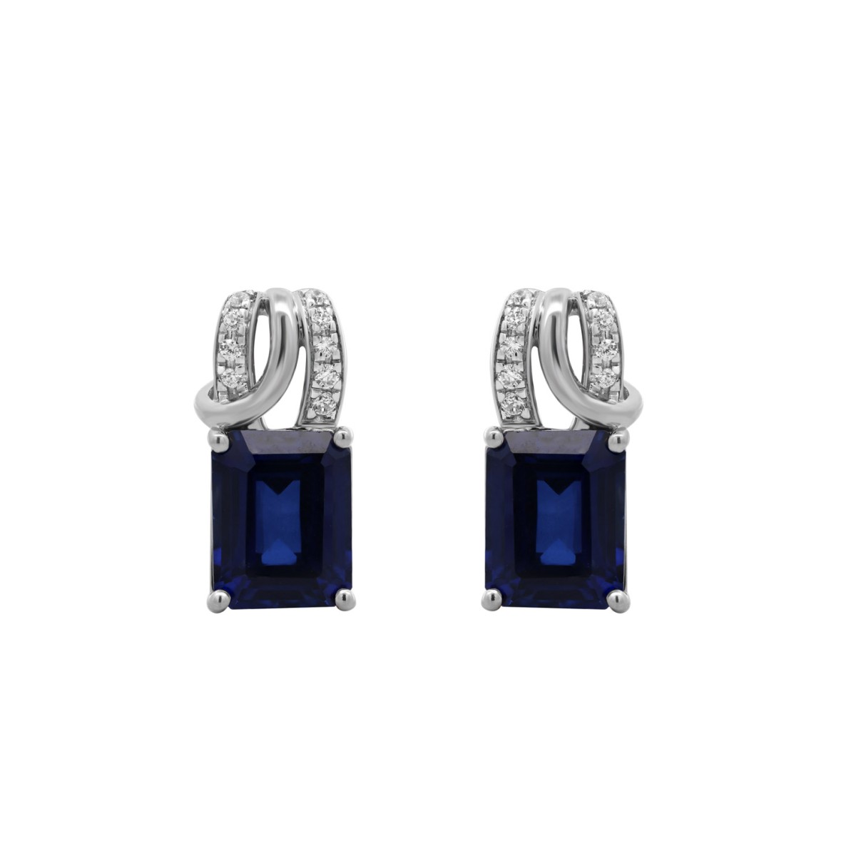 14K WHITE GOLD 1/10CT ROUND/BLUE EMERALD DIAMOND LADIES EARRINGS - Image 1