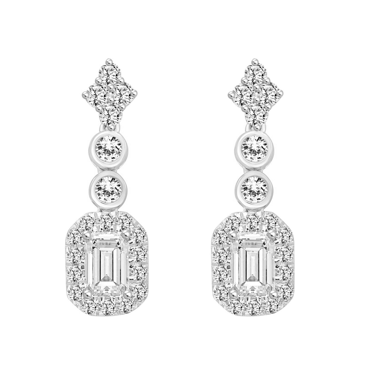 14K WHITE GOLD 2CT ROUND EMERALD DIAMOND LADIES LINEAR EARRINGS (CENTER STONE EMERALD DIAMOND 1CT ) - Image 1