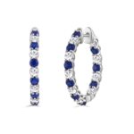 14K WHITE GOLD 3 3/8CT ROUND/ROUND BLUE SAPPHIRE DIAMOND LADIES HOOP EARRINGS