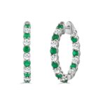 14K WHITE GOLD 3 3/8CT ROUND/ROUND GREEN EMERALD DIAMOND LADIES HOOP EARRINGS