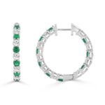 14K WHITE GOLD 3 3/8CT ROUND/ROUND GREEN EMERALD DIAMOND LADIES HOOP EARRINGS - Image 2
