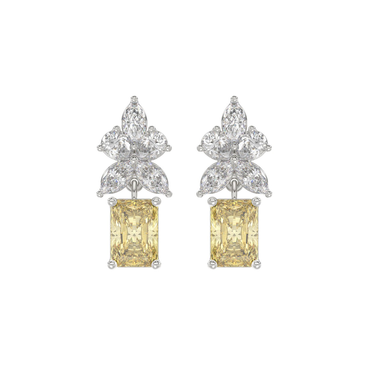 14K WHITE GOLD 3.00CT PEAR/MARQUISE/YELLOW RADIANT DIAMOND LADIES EARRING (CENTER STONE RADIANT DIAMOND 1CT) - Image 1