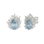 14K WHITE GOLD CRAFTED WITH 18K YELLOW GOLD BACK PLATE 1 1/4CT ROUND/BLUE PEAR/BAGUETTE DIAMOND LADIES EARRINGS - Image 3