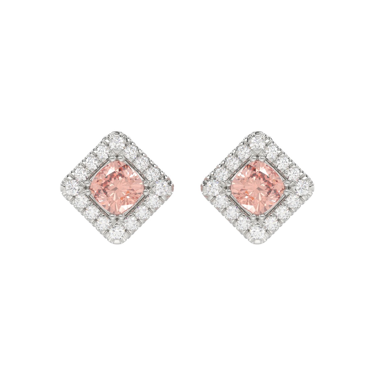 14K WHITE GOLD CRAFTED WITH 18K YELLOW GOLD BACK PLATE 1 1/4CT ROUND/PINK CUSHION DIAMOND LADIES EARRINGS - Image 1