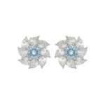 14K WHITE GOLD CRAFTED WITH 18K YELLOW GOLD BACK PLATE 2 5/8CT PEAR/BLUE CUSHION DIAMOND LADIES EARRINGS