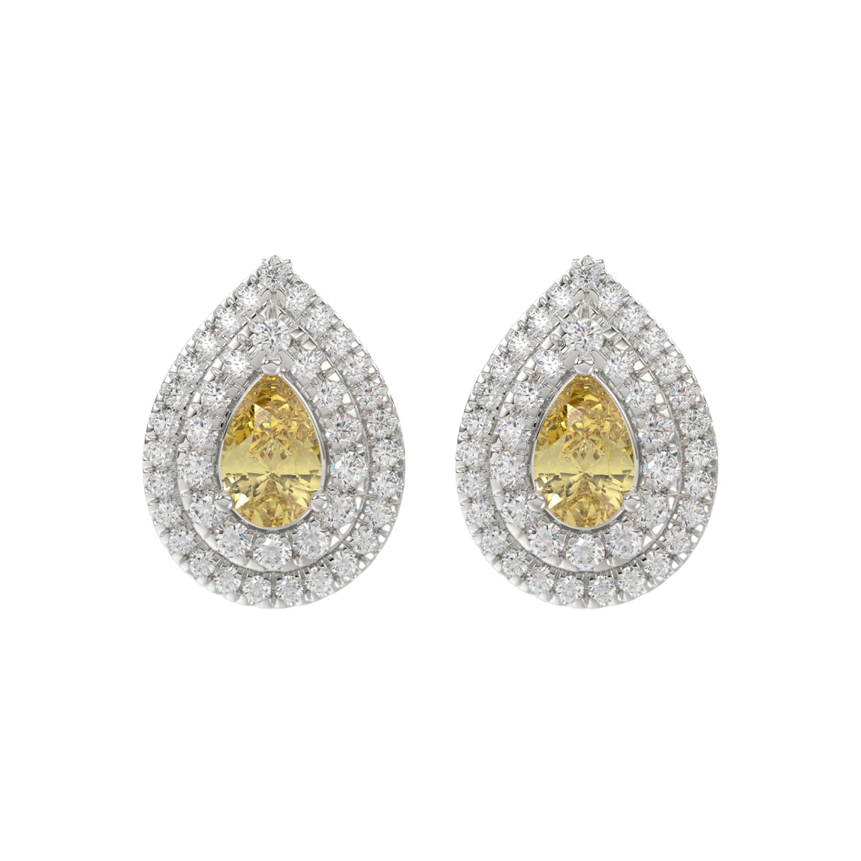 14K WHITE GOLD CRAFTED WITH 18K YELLOW GOLD BACK PLATE 3 1/4CT ROUND/YELLOW PEAR DIAMOND LADIES EARRINGS - Image 1