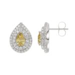 14K WHITE GOLD CRAFTED WITH 18K YELLOW GOLD BACK PLATE 3 1/4CT ROUND/YELLOW PEAR DIAMOND LADIES EARRINGS - Image 2