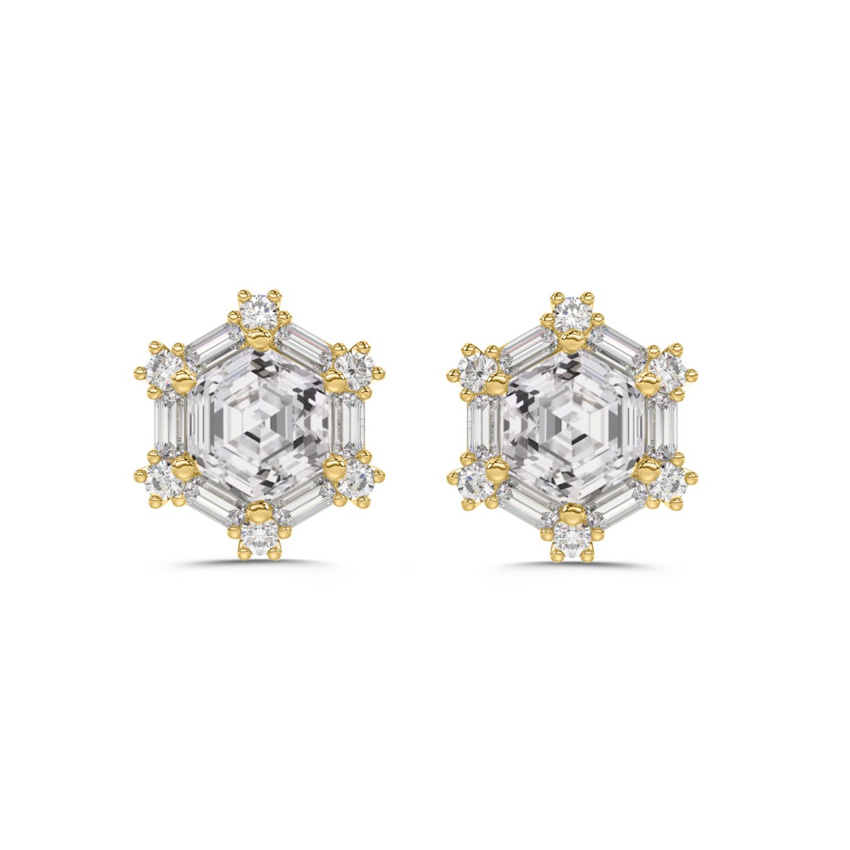 14K YELLOW GOLD 1 1/4CT ROUND/BAGUETTE/HEZAGON STEP CUT DIAMOND LADIES EARRINGS - Image 1