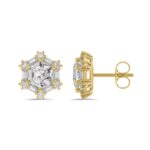 14K YELLOW GOLD 1 1/4CT ROUND/BAGUETTE/HEZAGON STEP CUT DIAMOND LADIES EARRINGS - Image 2