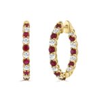 14K YELLOW GOLD 3 3/8CT ROUND/RUBY ROUND DIAMOND LADIES HOOPS EARRING