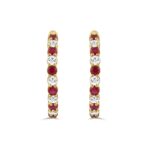 14K YELLOW GOLD 3 3/8CT ROUND/RUBY ROUND DIAMOND LADIES HOOPS EARRING - Image 3