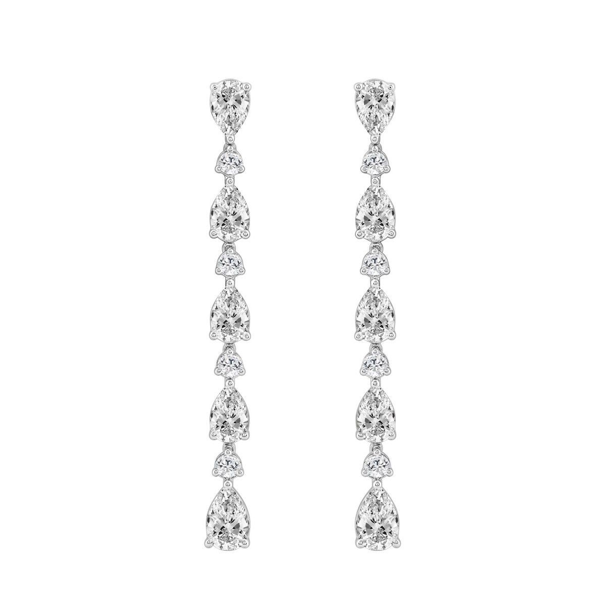18K WHITE GOLD 6 1/4CT ROUND/PEAR DIAMOND LADIES LINEAR EARRINGS - Image 1